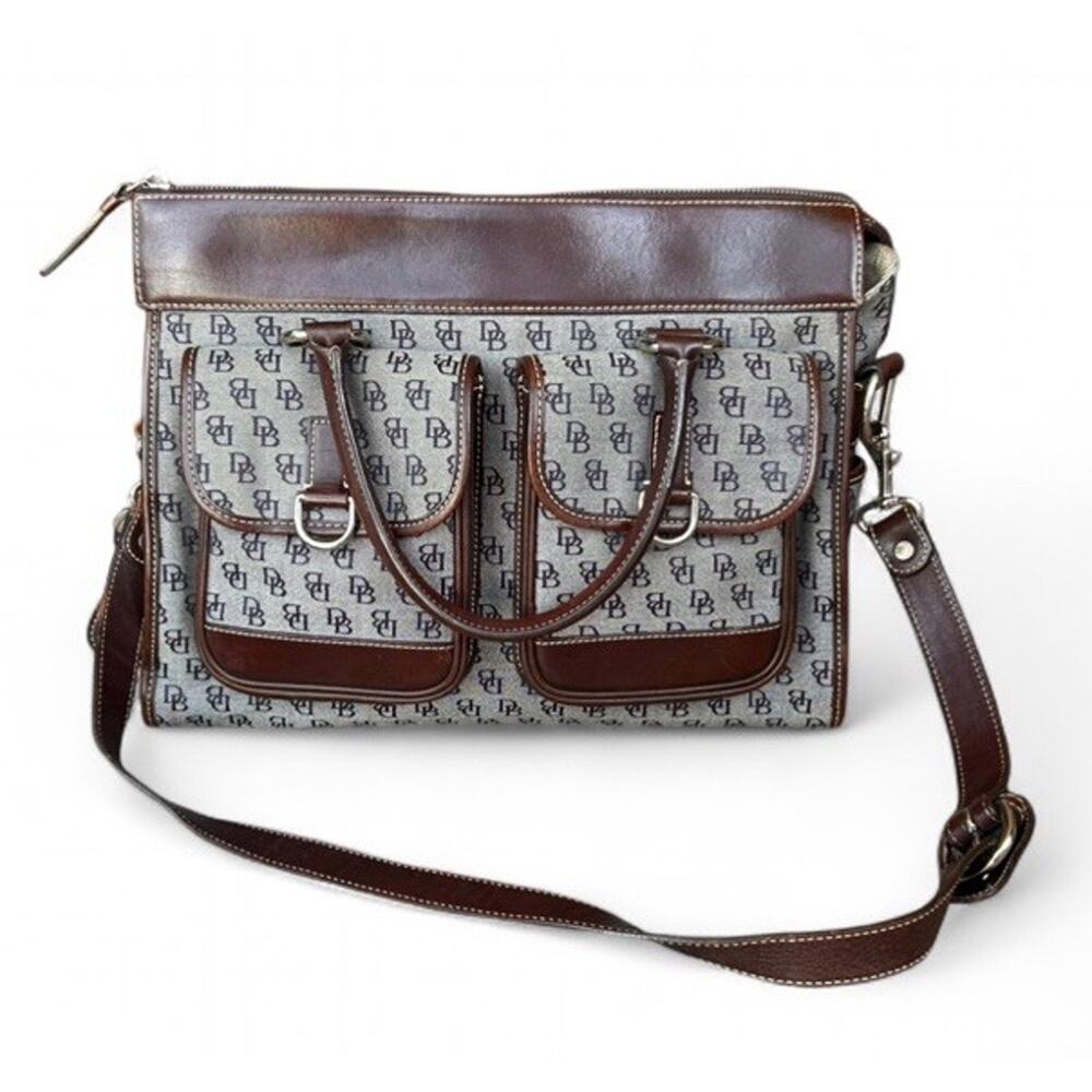 Dooney & Bourke Gray Signature Logo Double Pocket Brown Leather Handbag Purse